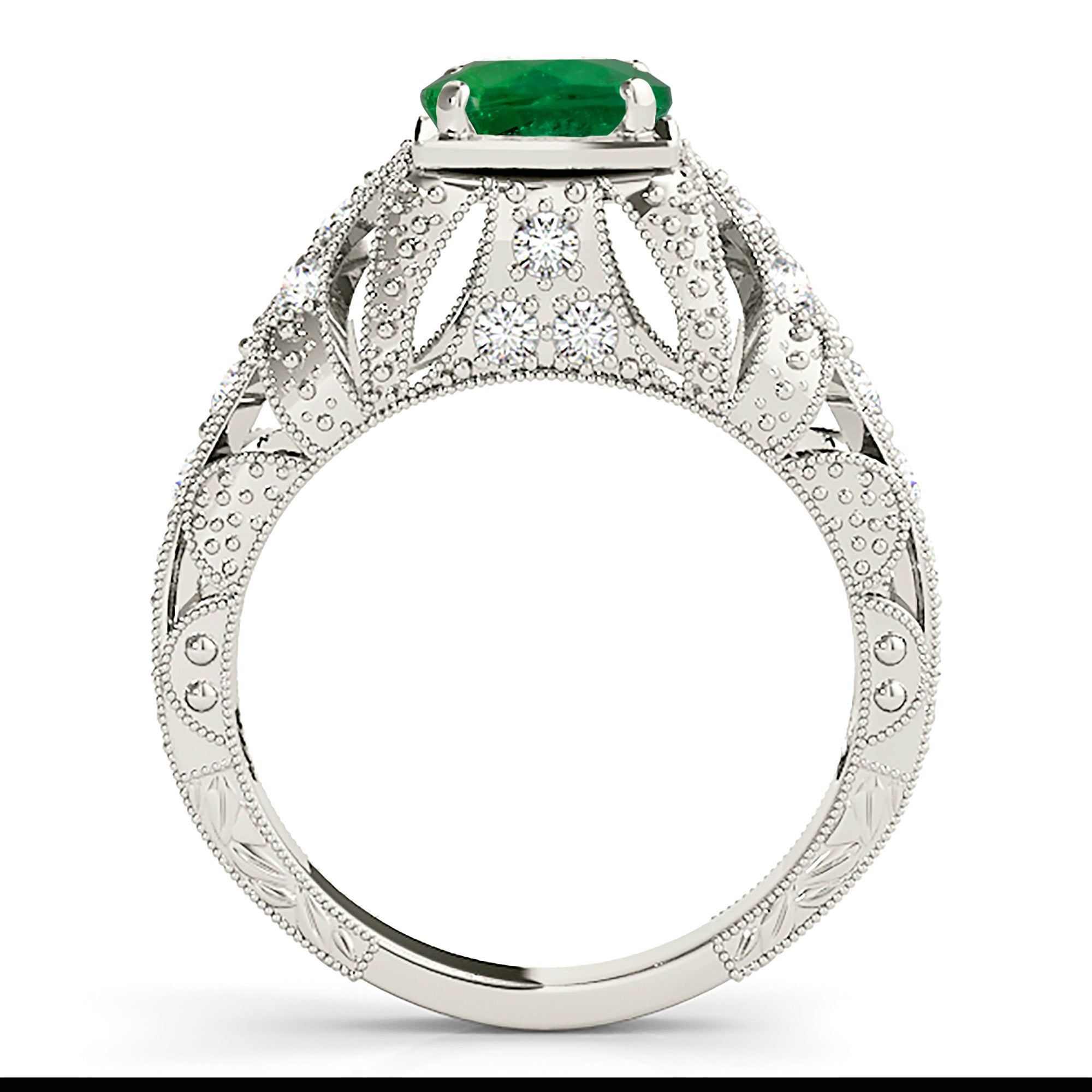 1.14 ct. Genuine Solitaire Emerald Ring With 0.20 ctw. Fancy Diamond Filigree And Milgrain Band-VIRABYANI